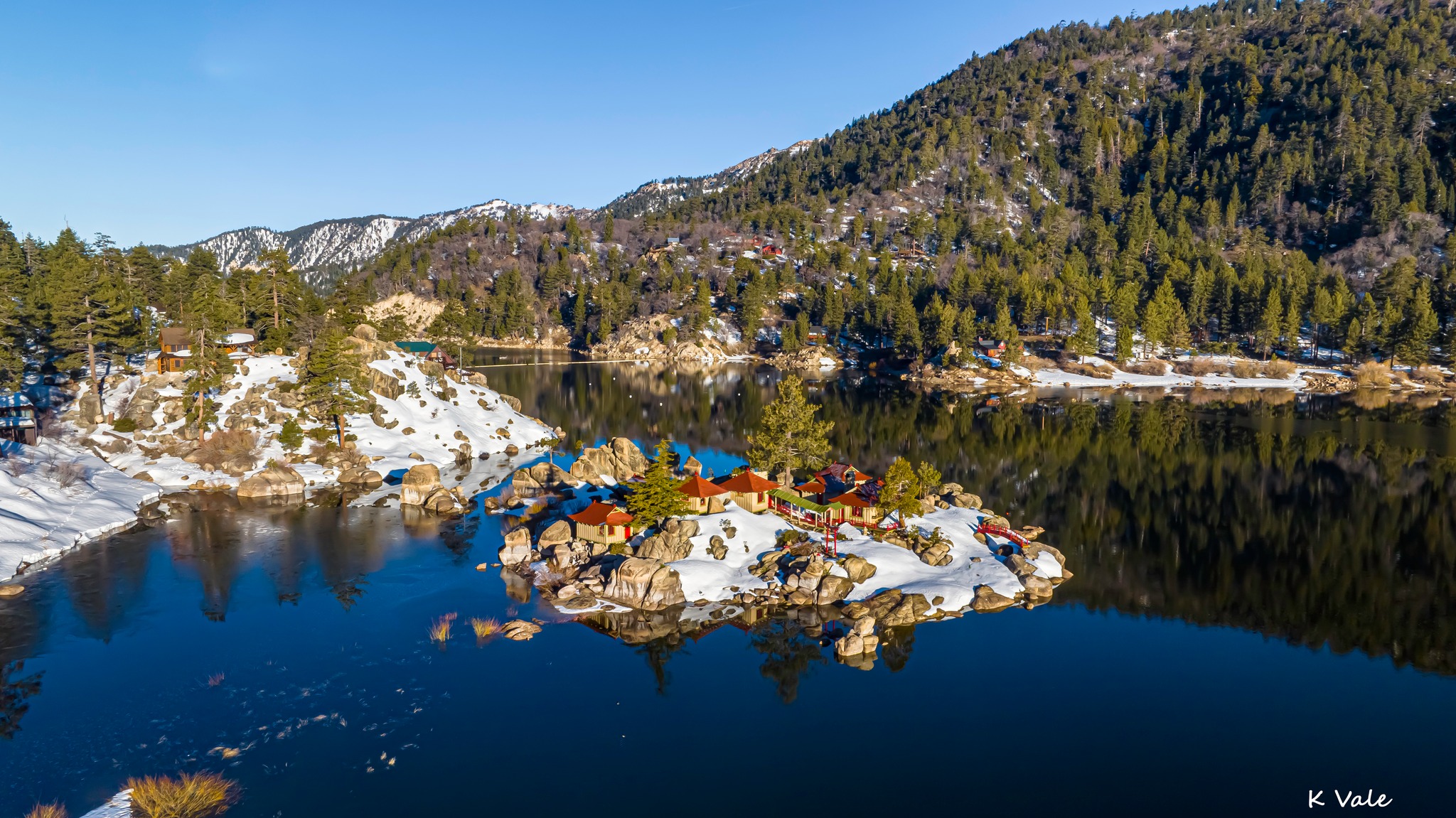 China Island as seen from a low drone angle in Big Bear Lake in Springtime